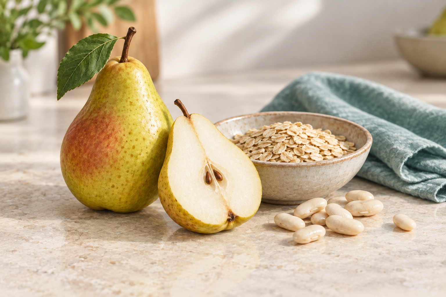 photograph of a pear, oats, white beans and a folded teal napkin.