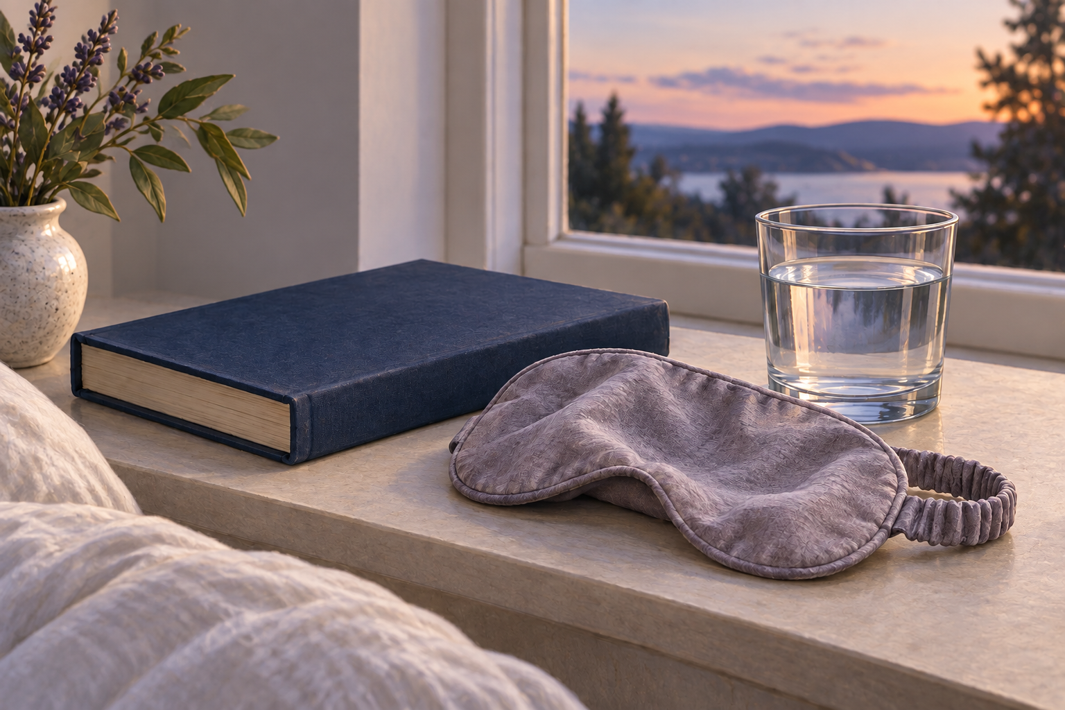 photograph of a closed navy book, linen sleep mask and water glass at dusk.