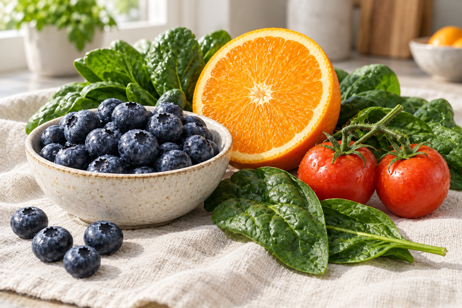 Photograph of blueberries, tomatoes, an orange and leafy greens.