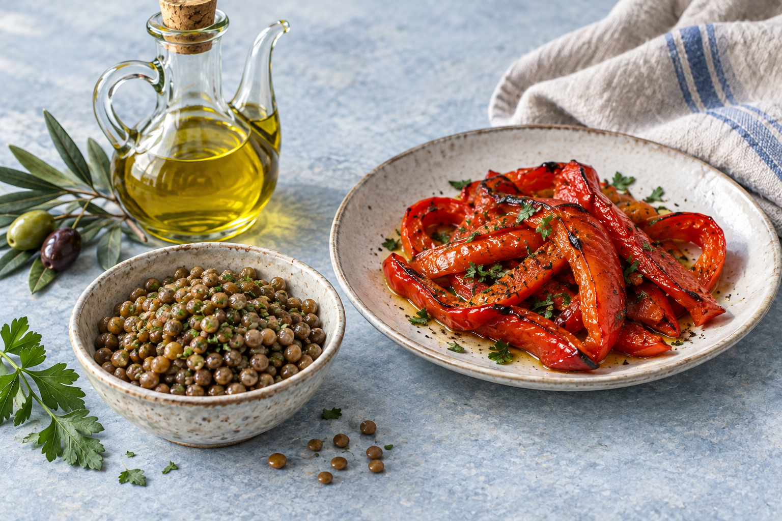 photograph of olive oil, lentils and red peppers.