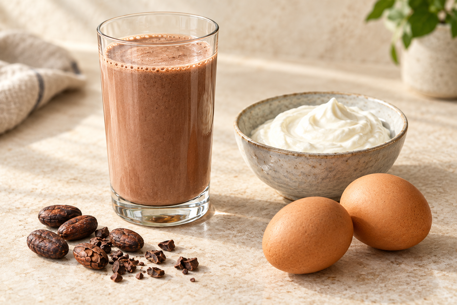 photograph of a plain chocolate drink, yogurt, eggs and cocoa beans.