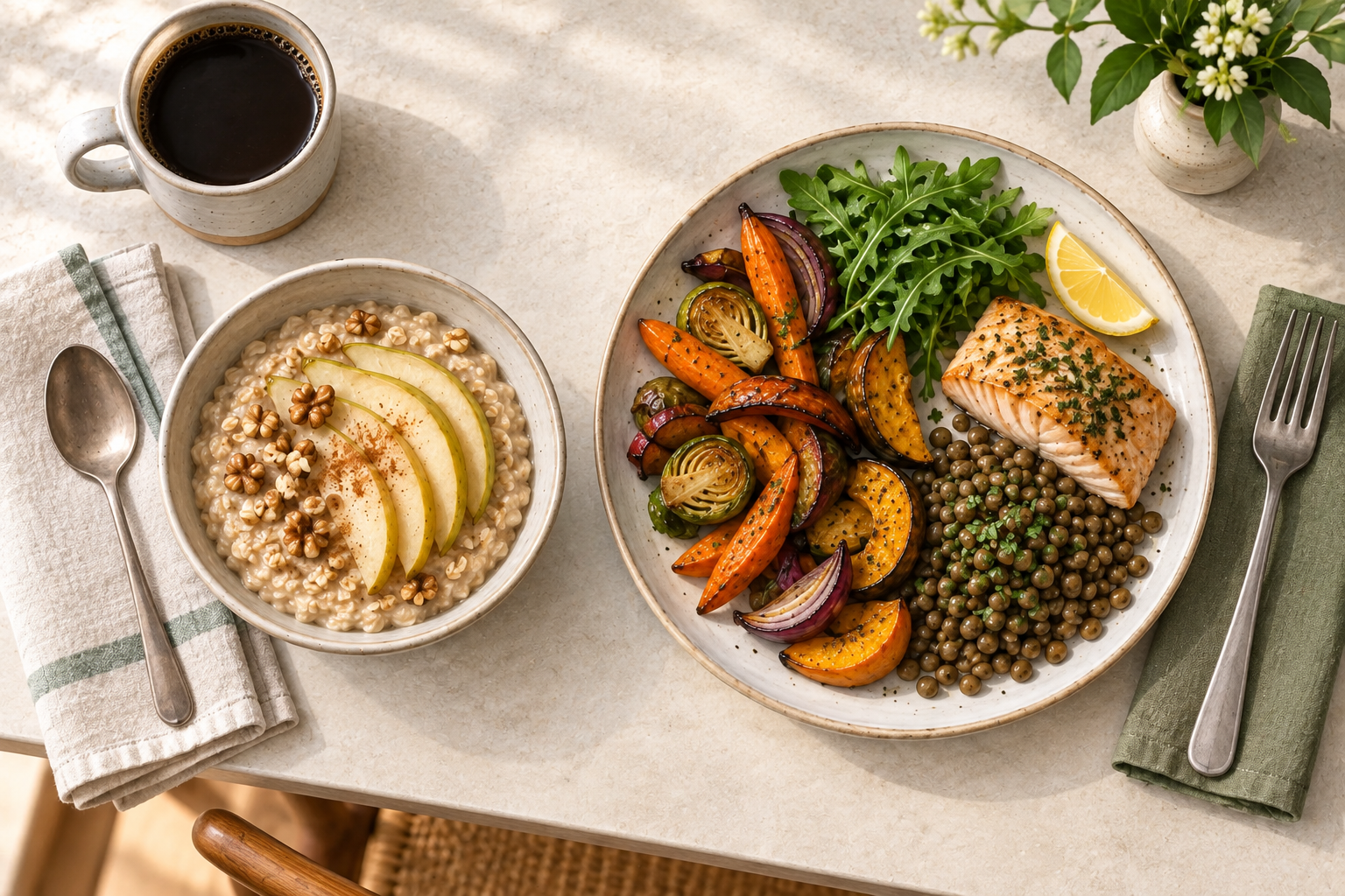 photograph of an oat breakfast and a dinner plate with fish, lentils and vegetables.