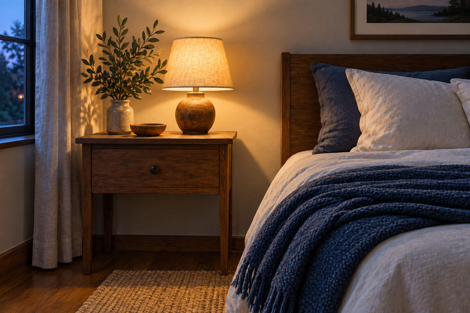 photograph of a bedside lamp and folded blue bedding in evening light.
