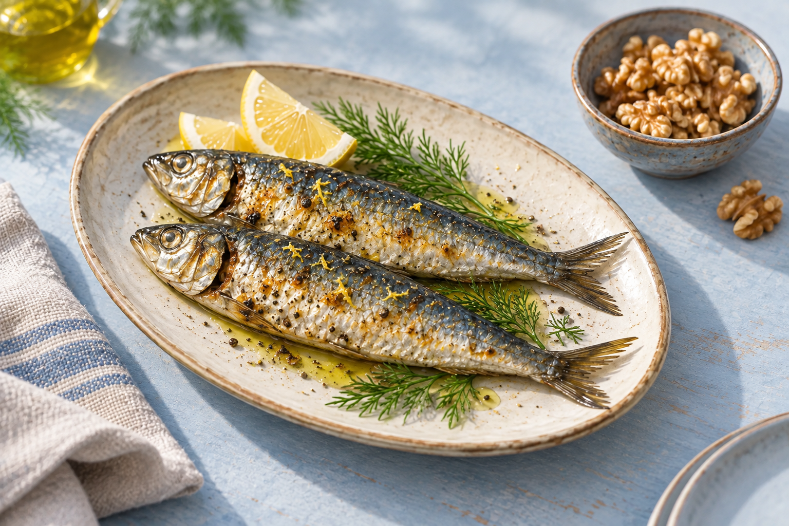 photograph of cooked sardines with lemon and dill beside a small bowl of walnuts.