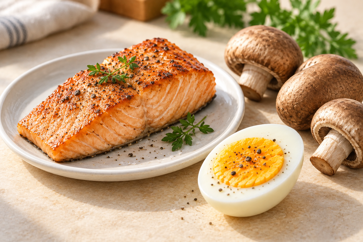 photograph of salmon, an egg and mushrooms.