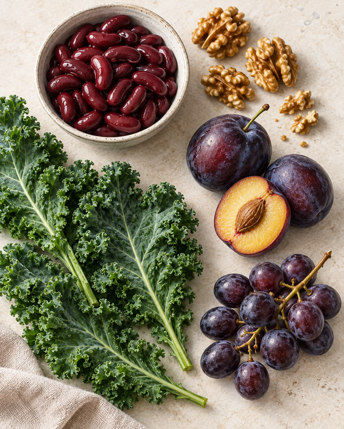 Photograph of beans, walnuts, plums, grapes and kale.