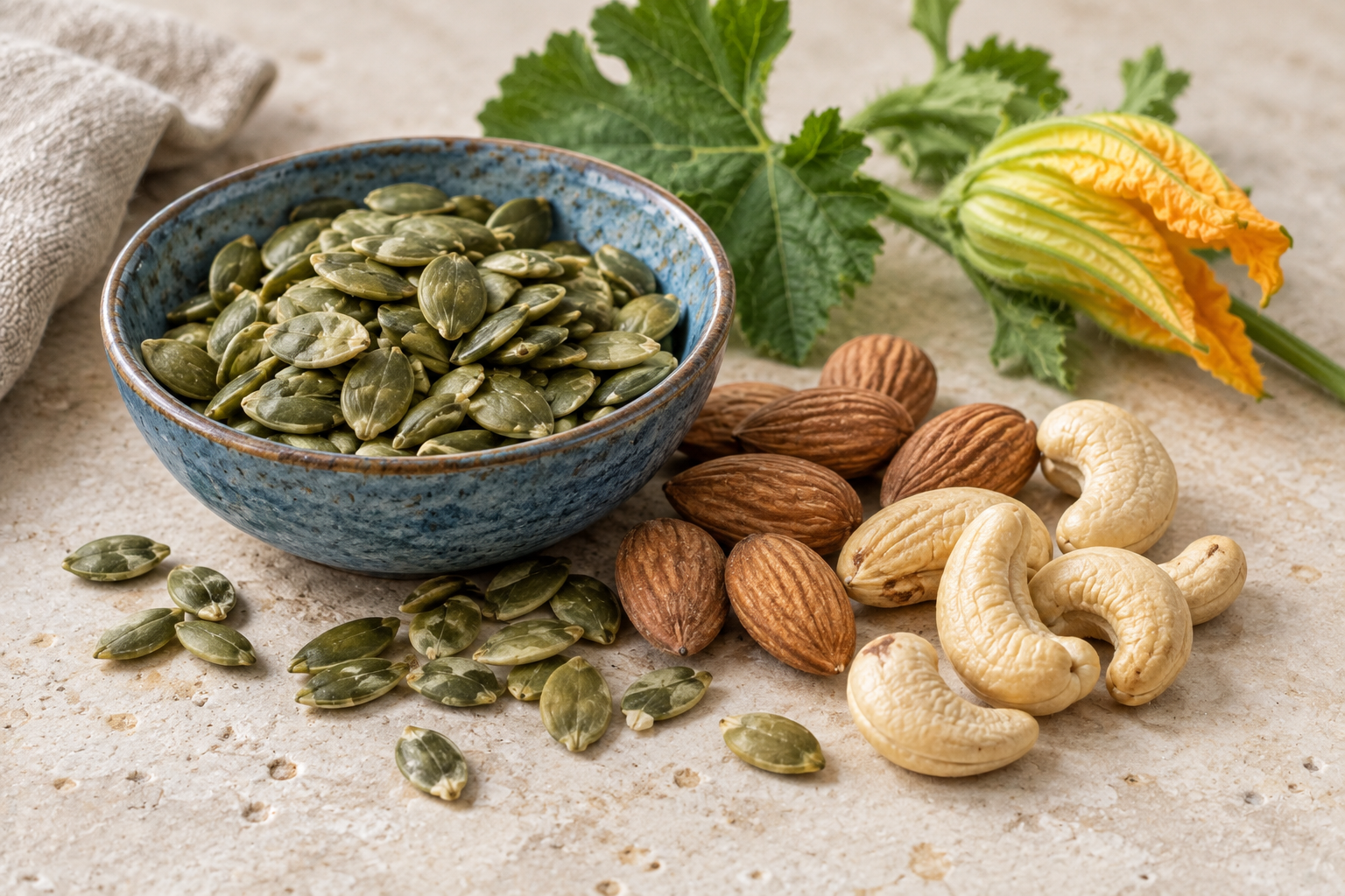photograph of pumpkin seeds, almonds and cashews.