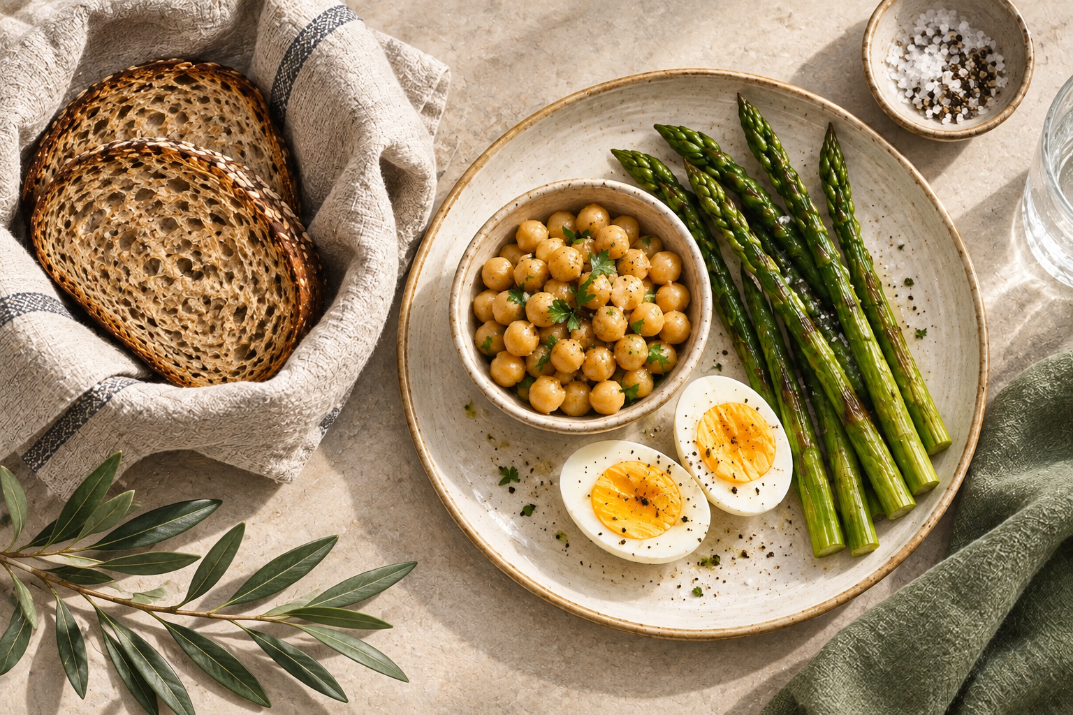 photograph of wholegrain bread, chickpeas, egg and asparagus.