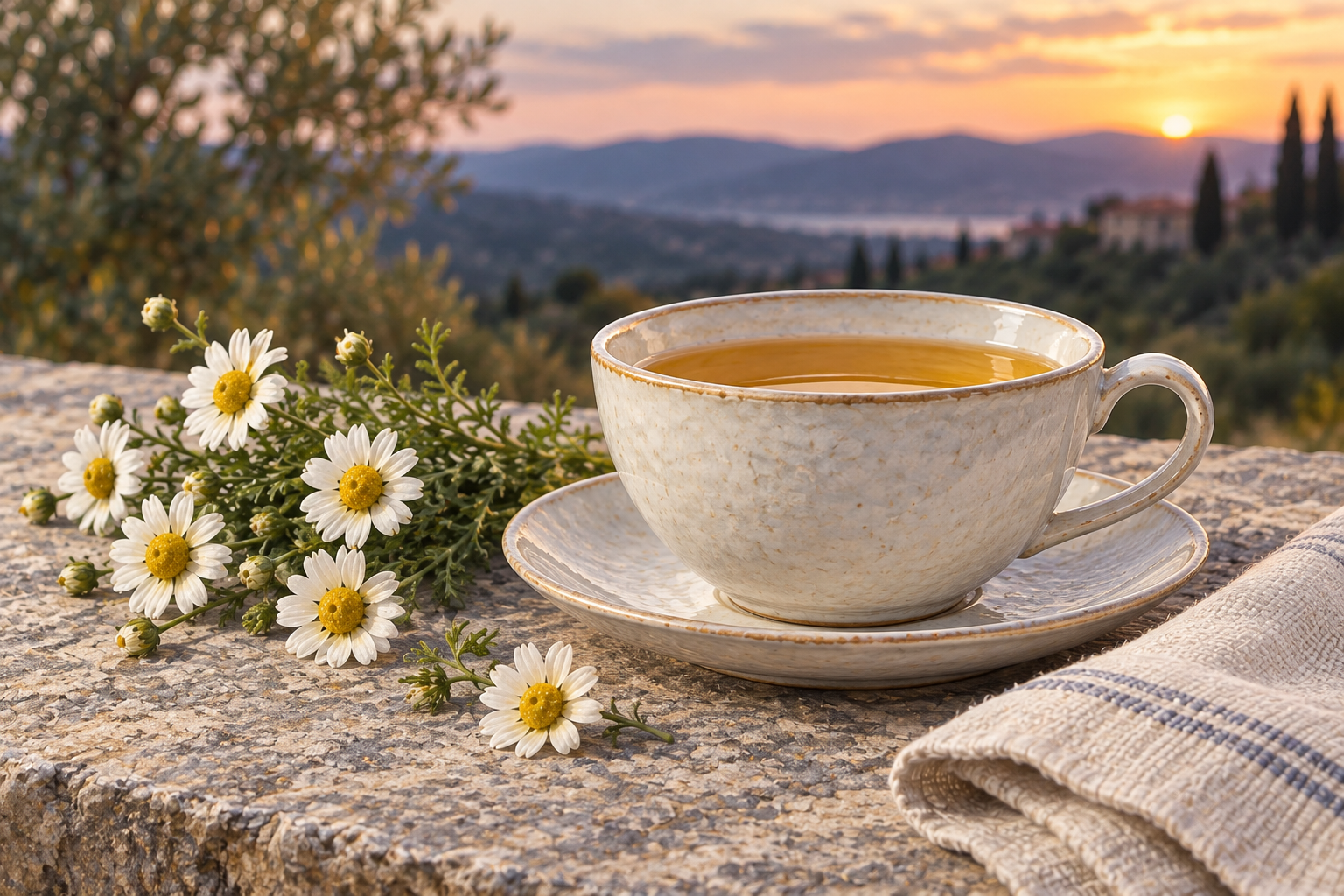 photograph of herbal tea and chamomile flowers on cream linen.