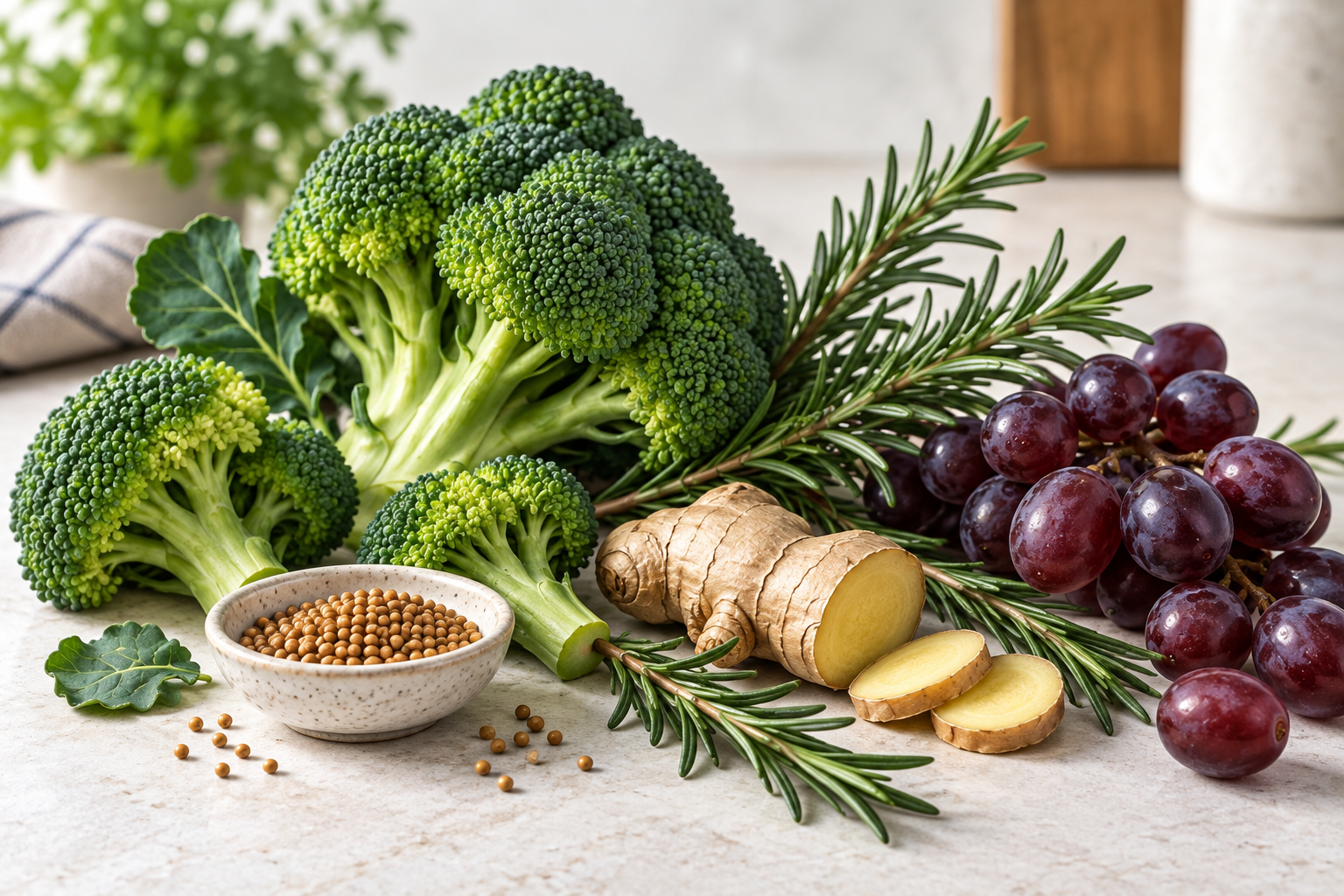 photograph of broccoli, rosemary, ginger, dark grapes and mustard seeds.