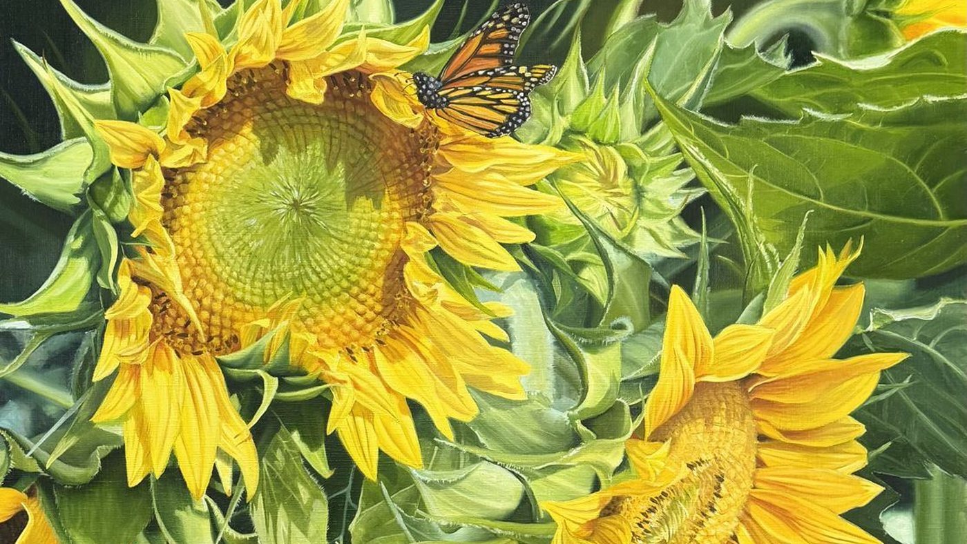 Sunflowers with a monarch butterfly, oil painting by Ana Osmolovska