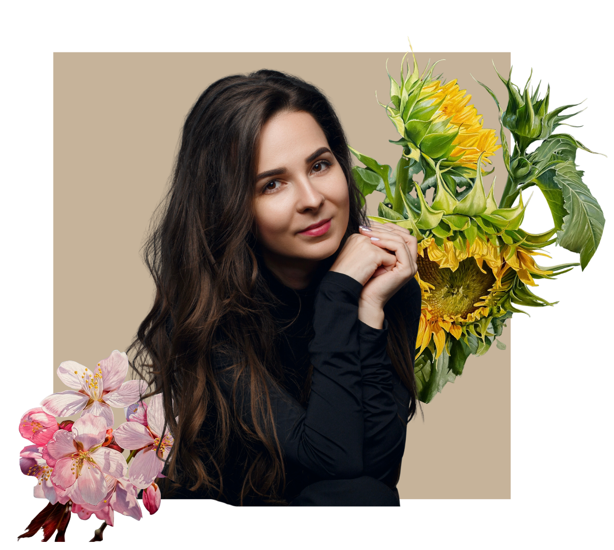 Ana Osmolovska with sunflowers and blossoms from her paintings