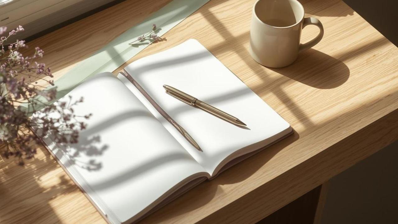 Open weekly planner and notebook on a minimalist wooden desk