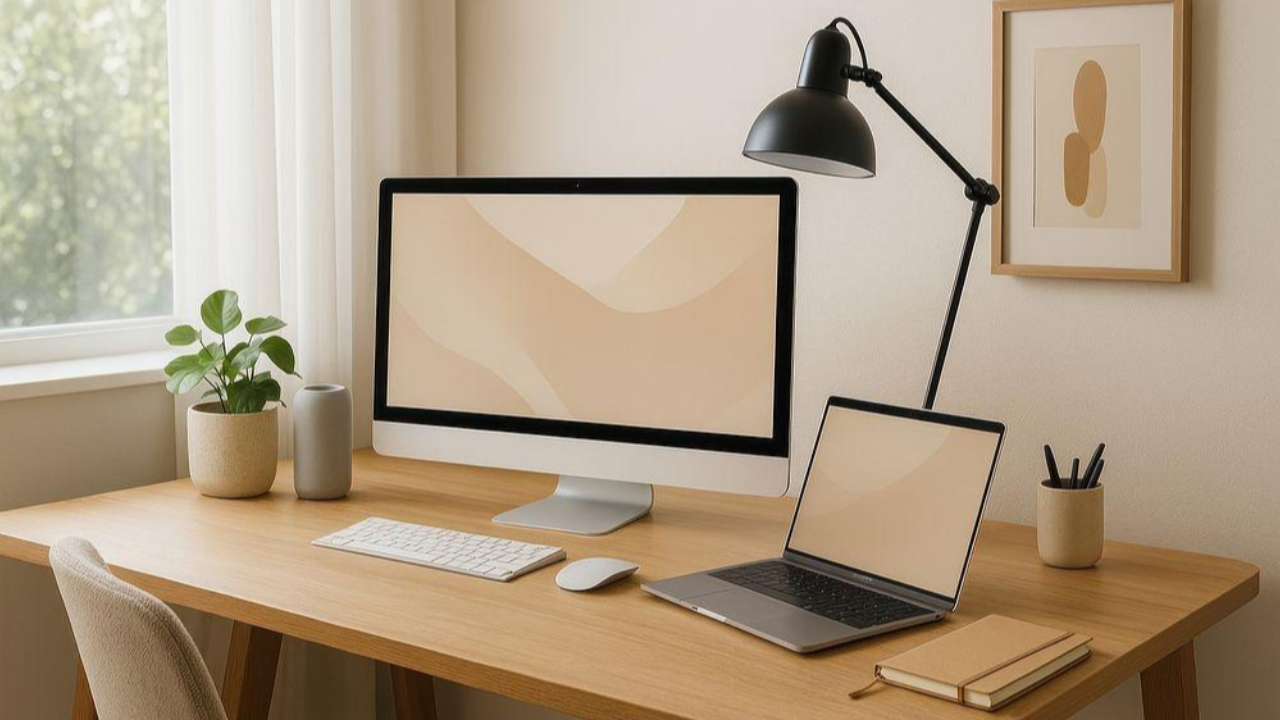 Minimal home office workspace with a computer, notebook, and natural light
