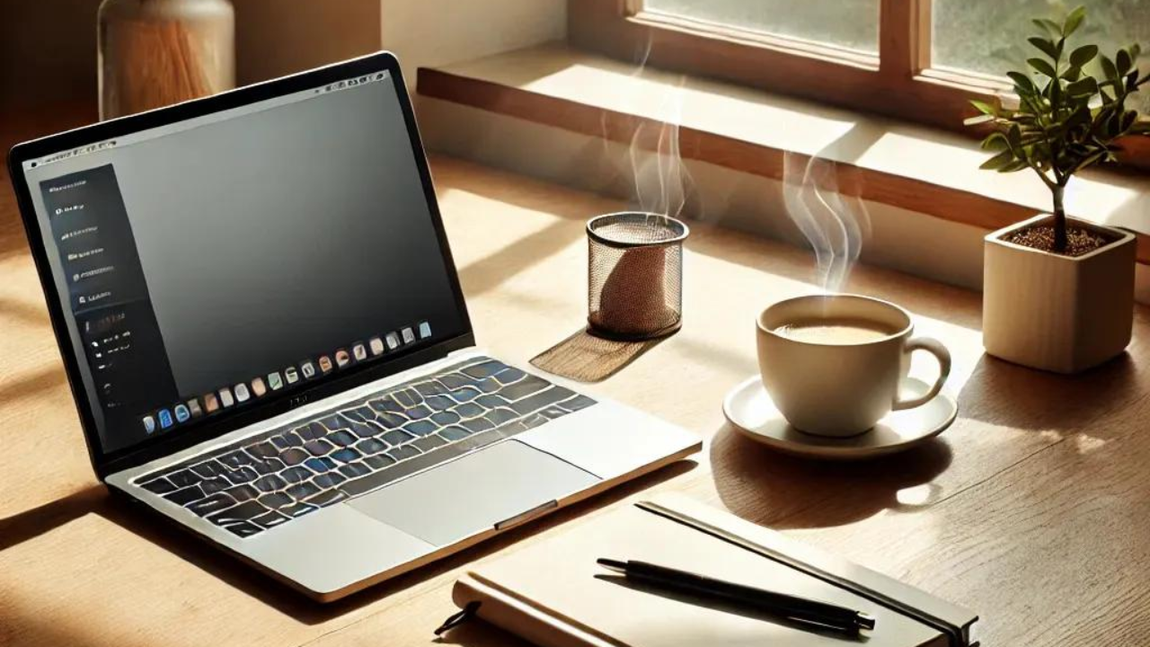 Minimal workspace with a laptop, notebook, and coffee in natural light