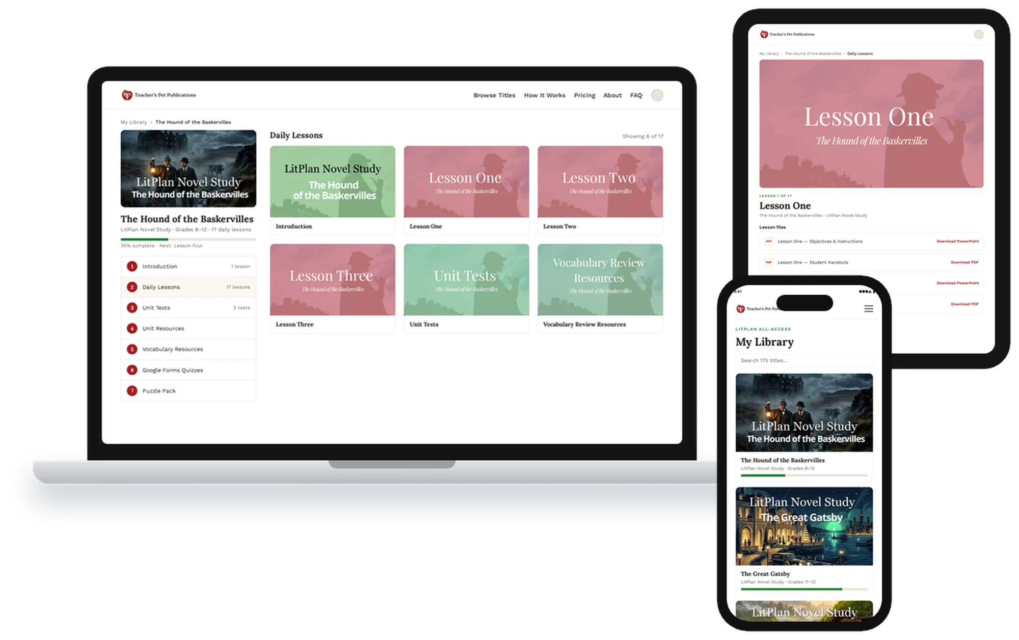 A LitPlan course on a MacBook, a lesson page on an iPad and the member library on a phone