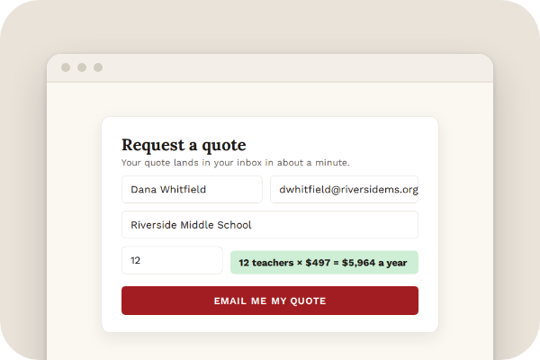 The quote form with the total worked out: 12 teachers × $497 = $5,964 a year
