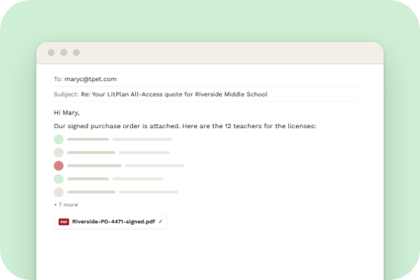 A reply email with the signed purchase order attached and the teachers listed