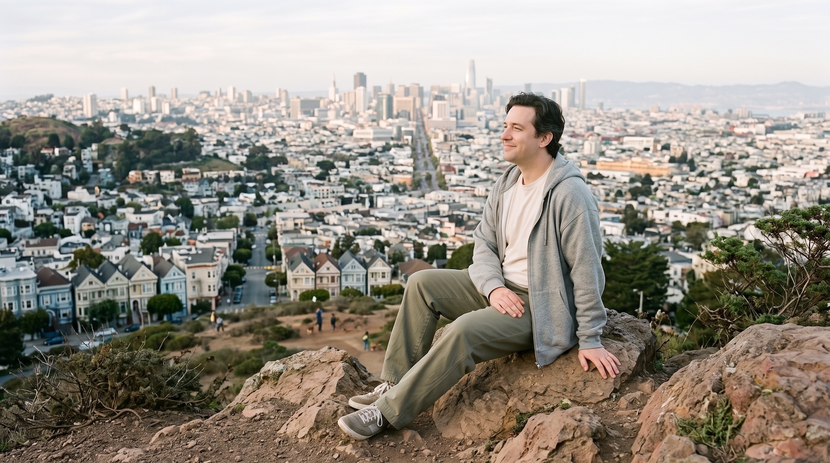 Man sitting peacefully on a hillside overlooking San Francisco