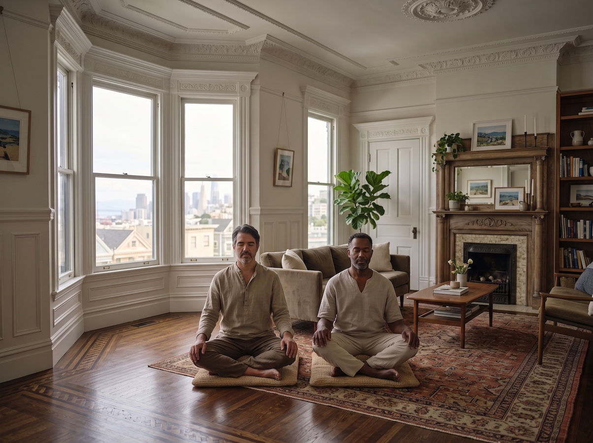 Two men meditating together in a sunlit living room