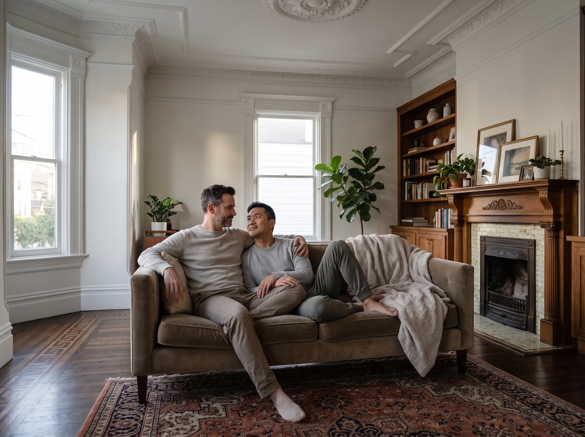 Two men relaxing together on a couch at home