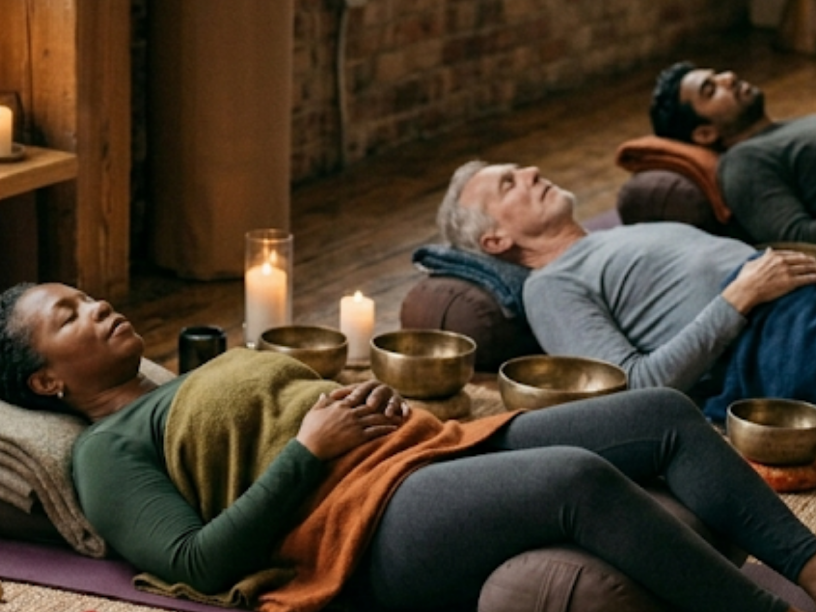 Students resting in restorative yoga poses surrounded by singing bowls and candles