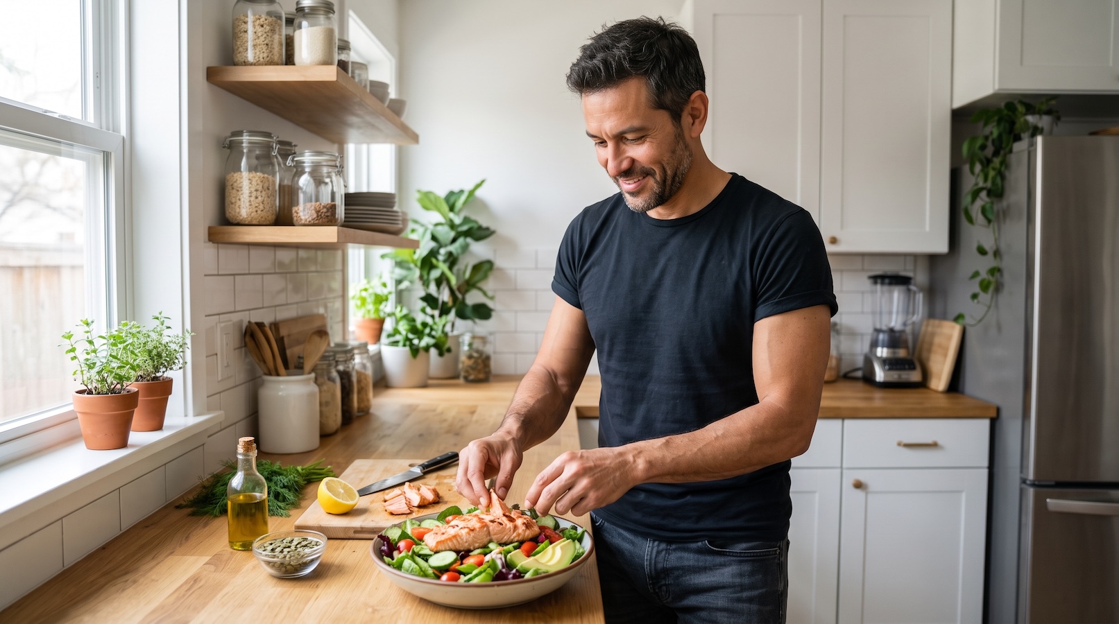 Man preparing a healthy salad in his kitchen