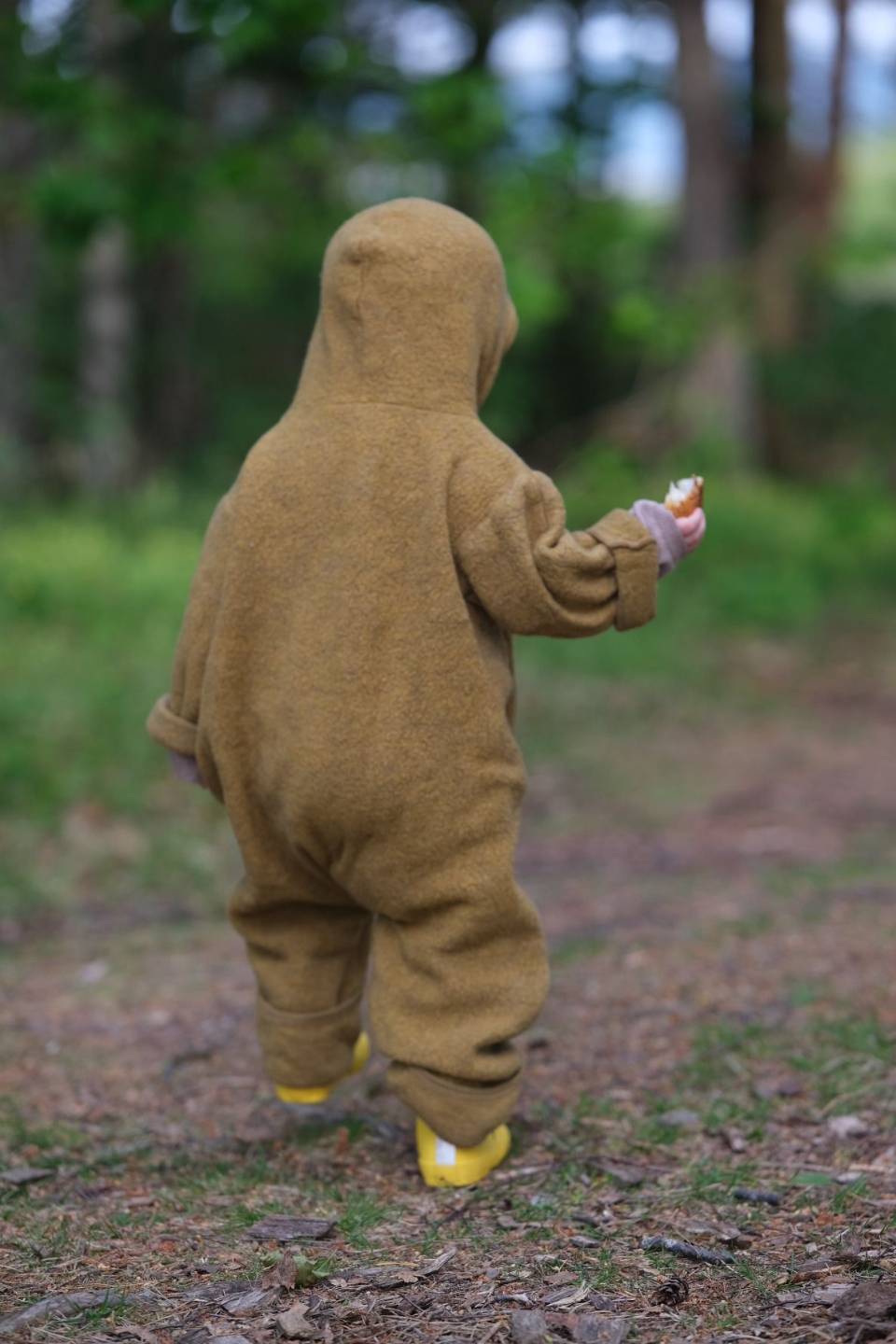 A toddler in a wool suit and yellow wellies exploring a Danish forest