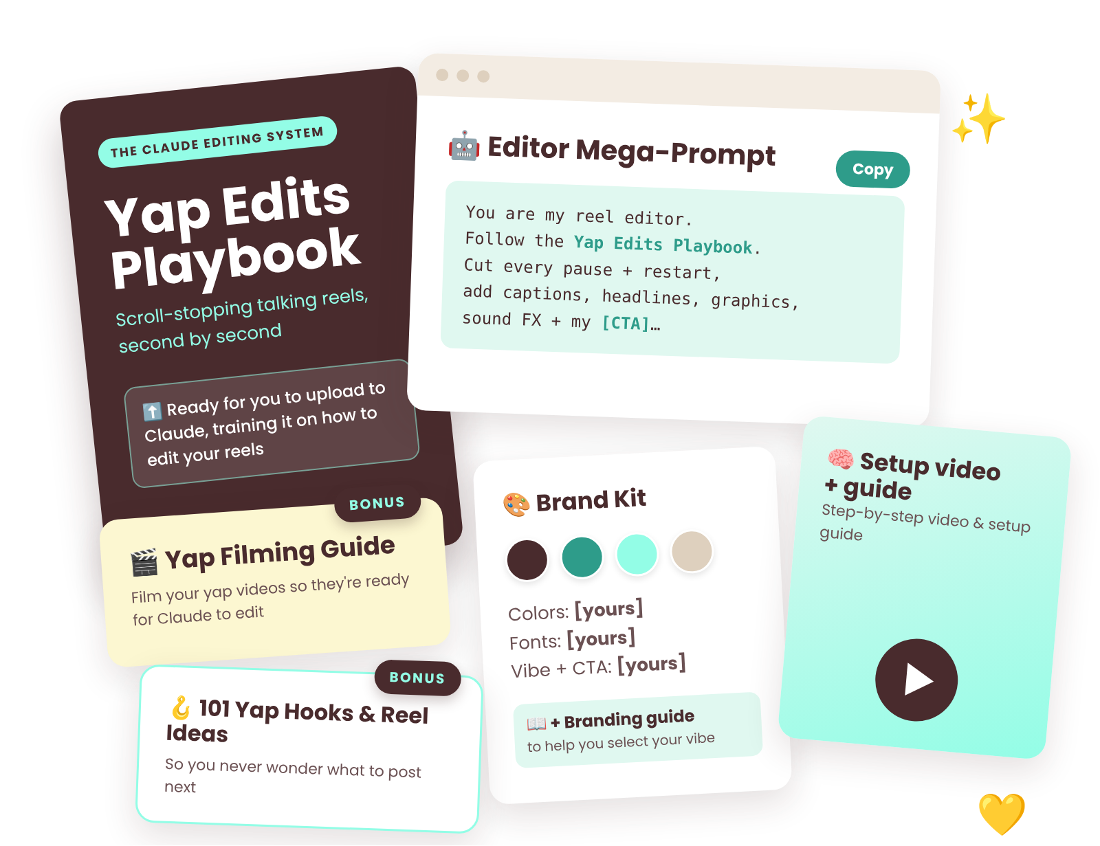 The Yap Edits kit: playbook, editor mega-prompt, brand kit with branding guide, setup video and guide, plus bonuses: the Yap Filming Guide and 101 Yap Hooks & Reel Ideas