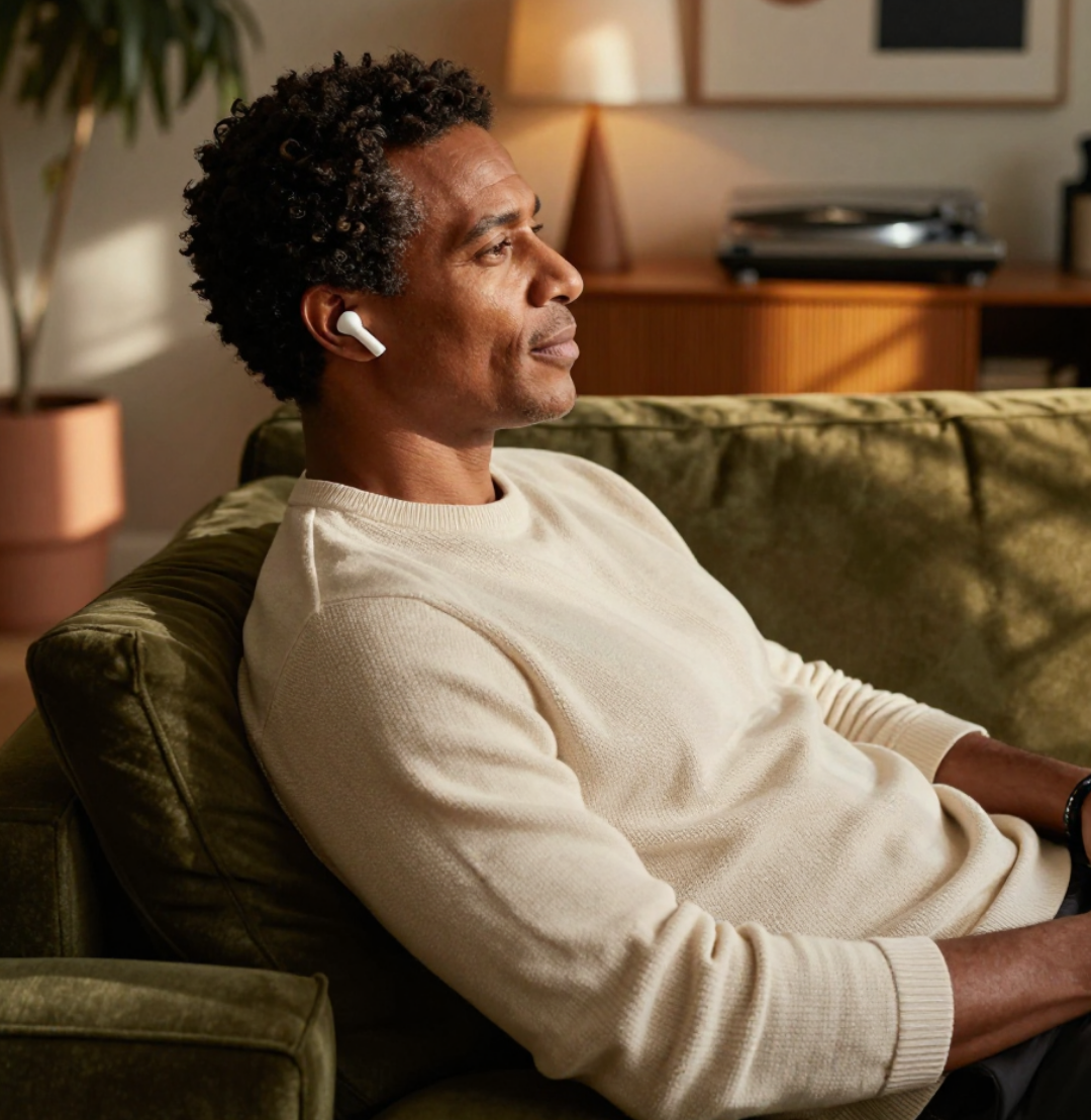 A man relaxing on a green velvet sofa, wearing a cream jumper and wireless earbuds, enjoying a peaceful moment in a warmly lit living room.