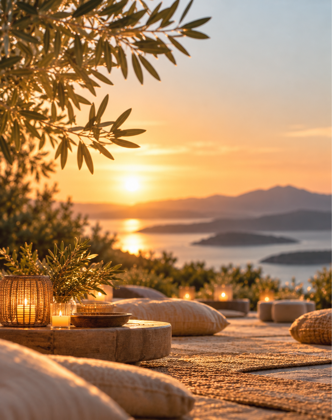A peaceful coastal terrace at sunset, with soft cushions, woven rugs, glowing candles and olive branches overlooking a golden sea and distant mountains.