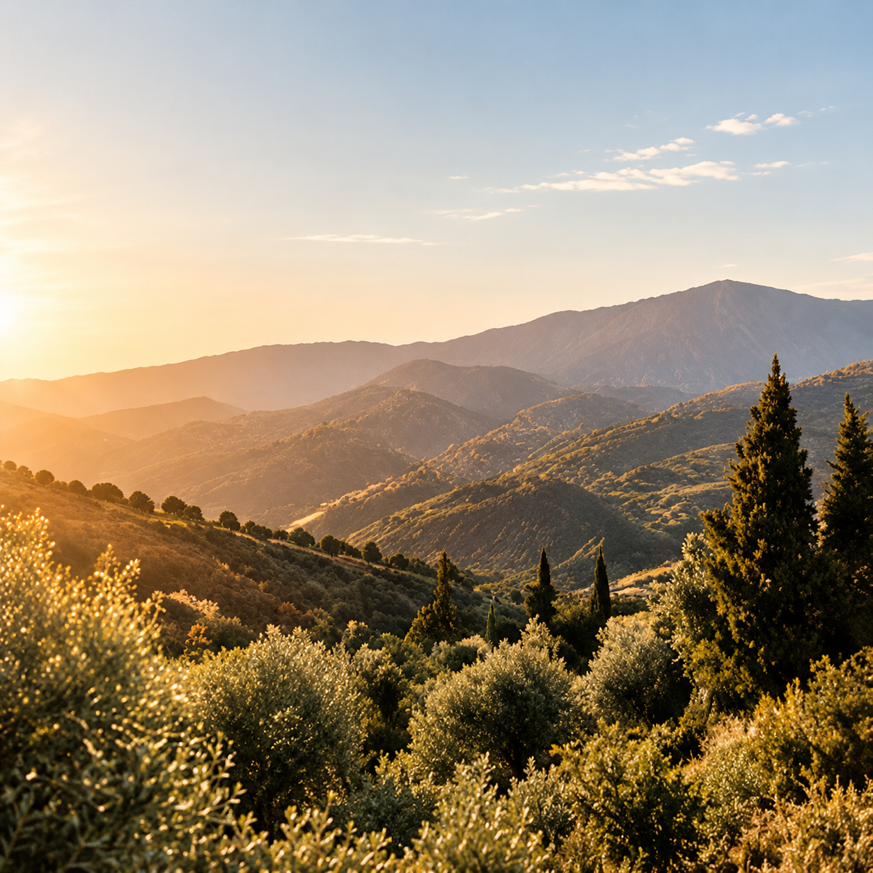 Golden sunlight illuminating rolling green hills and distant mountain ranges, with lush trees and a soft blue sky creating a peaceful natural landscape.