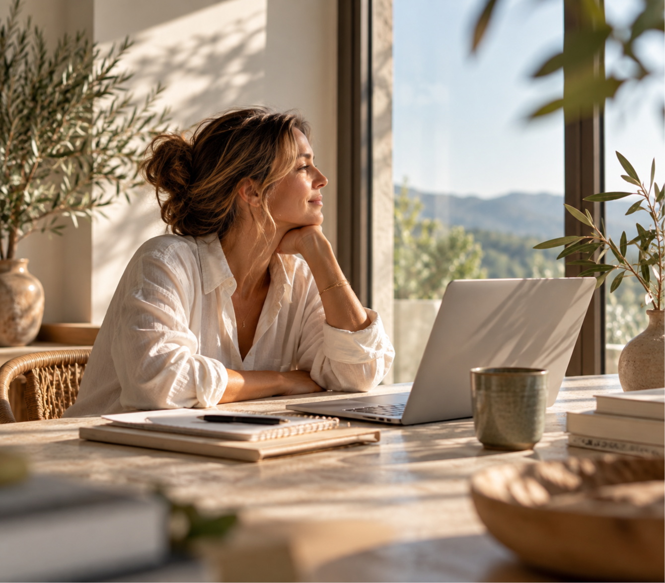 A woman in a white linen shirt sitting at a desk with a laptop, gazing peacefully out of a large window towards green hills, surrounded by warm sunlight and natural decor.