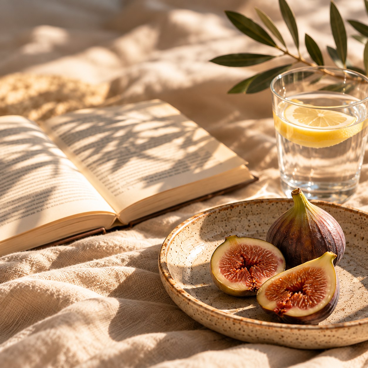 An open book, fresh figs on a ceramic plate, and a glass of lemon water resting on soft beige linen, illuminated by warm sunlight and delicate olive branch shadows.
