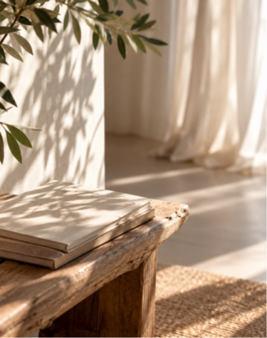A closed book resting on a rustic wooden bench beside olive branches, with soft sunlight casting delicate leafy shadows across a peaceful room with flowing cream curtains.