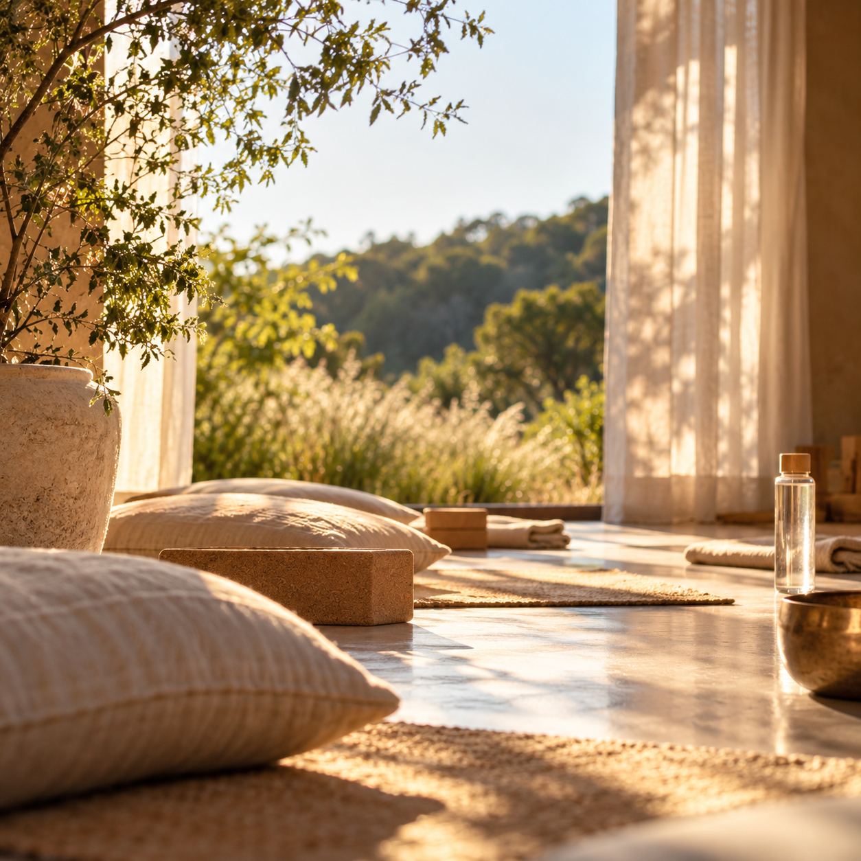 A peaceful, sunlit meditation space with soft cushions, woven mats, yoga props and flowing linen curtains, overlooking lush greenery and rolling hills in warm golden light.
