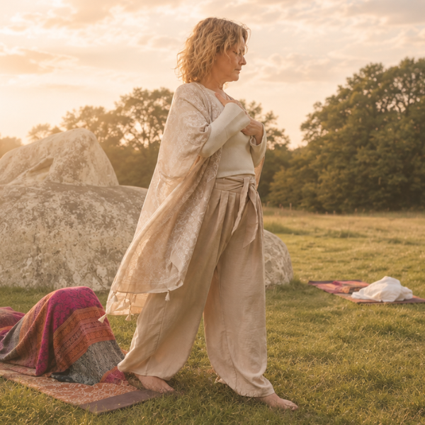 Dee Parker practising mindful breathing during an outdoor breathwork session, standing barefoot on the grass with her hands resting on her chest, surrounded by nature in warm evening sunlight.