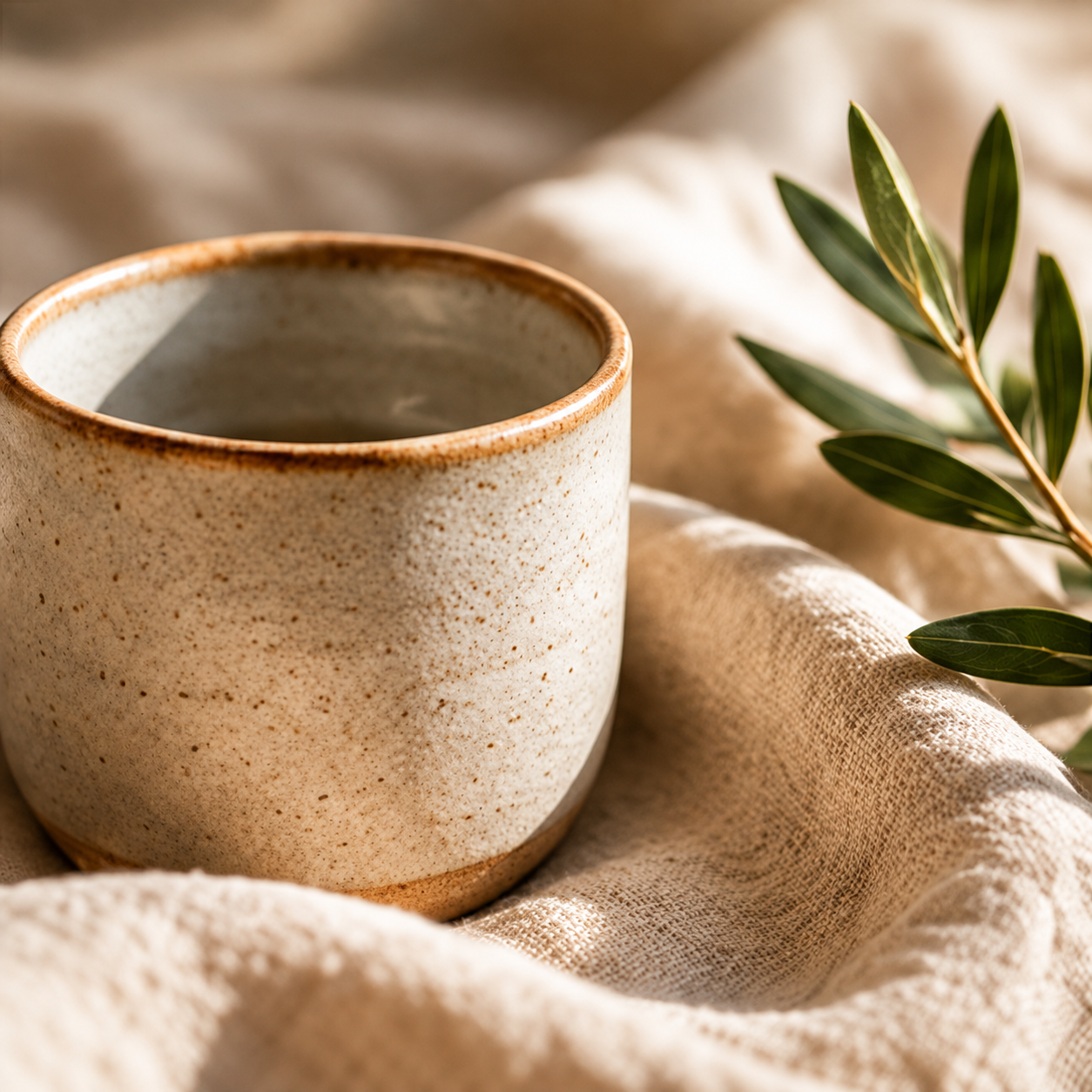 A rustic ceramic cup resting on soft beige linen fabric beside an olive branch, bathed in warm natural sunlight with gentle shadows.