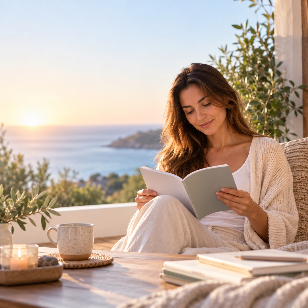 A woman relaxing on a sunlit terrace overlooking the sea, reading a book in a cosy cream outfit, with a ceramic mug, candle and soft coastal scenery around her.