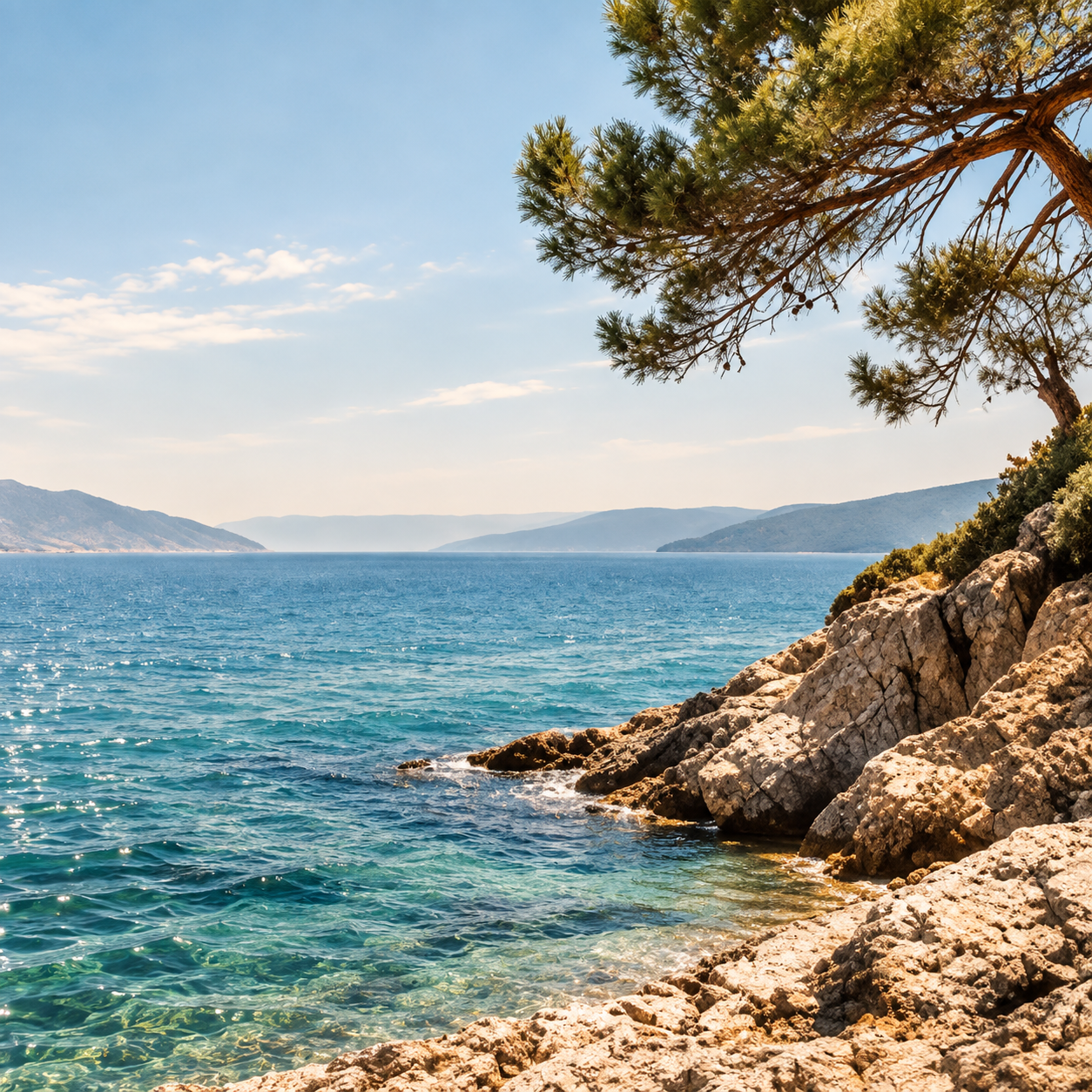 Clear turquoise sea gently meeting a sunlit rocky coastline, framed by overhanging pine branches, with distant mountains and a soft blue sky.
