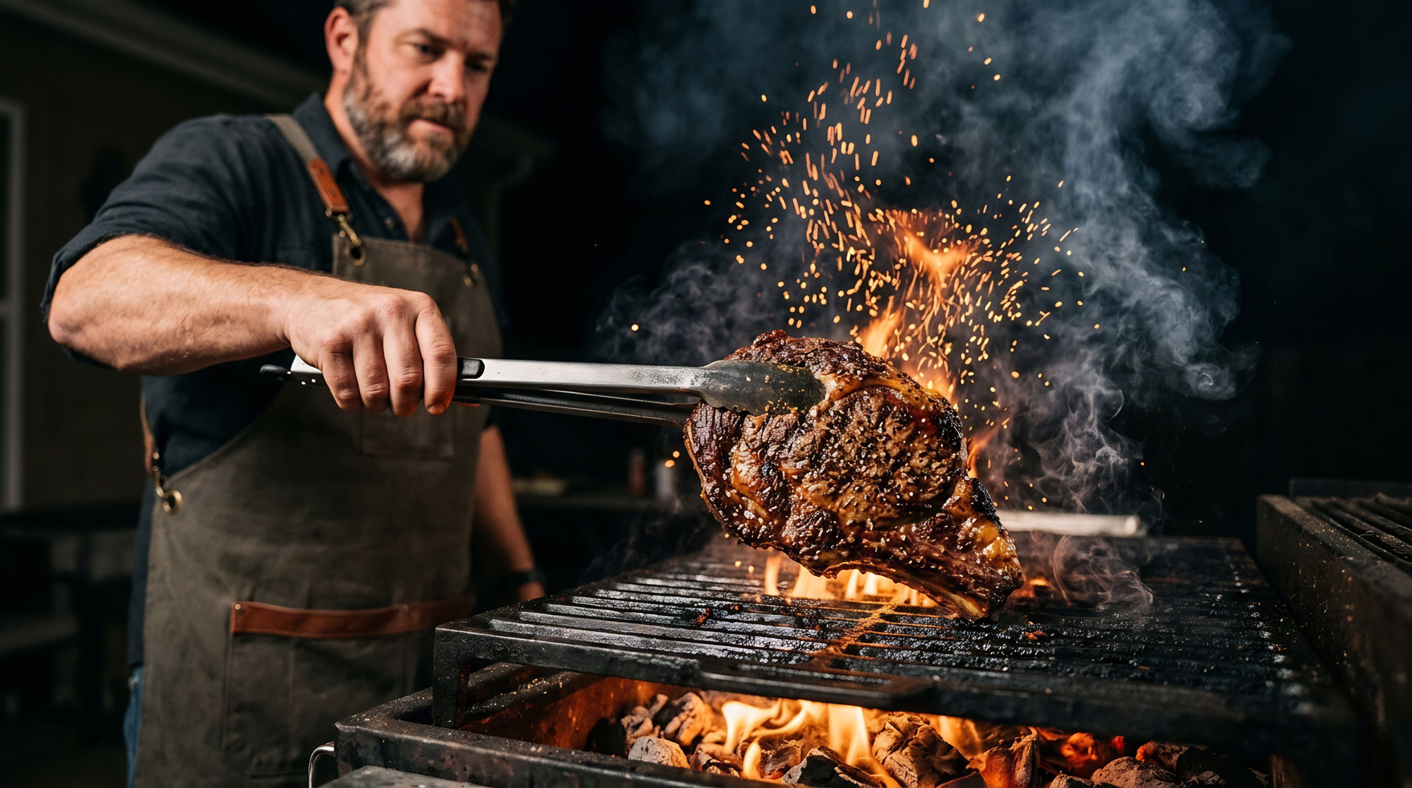 Chef turning a thick steak with tongs over a flaming grill, sparks rising