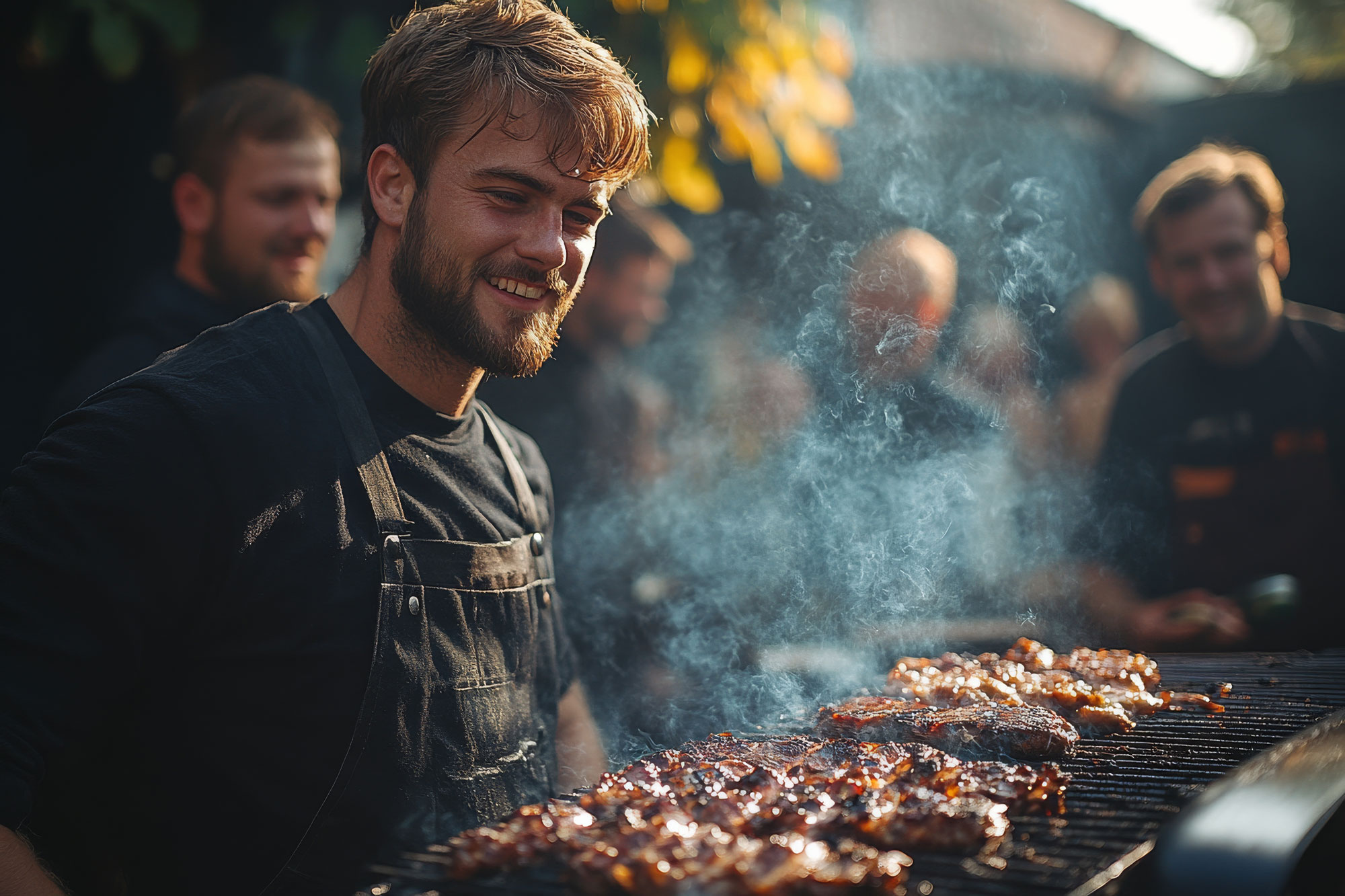 Smiling man cooking over a long open grill with friends gathered behind him
