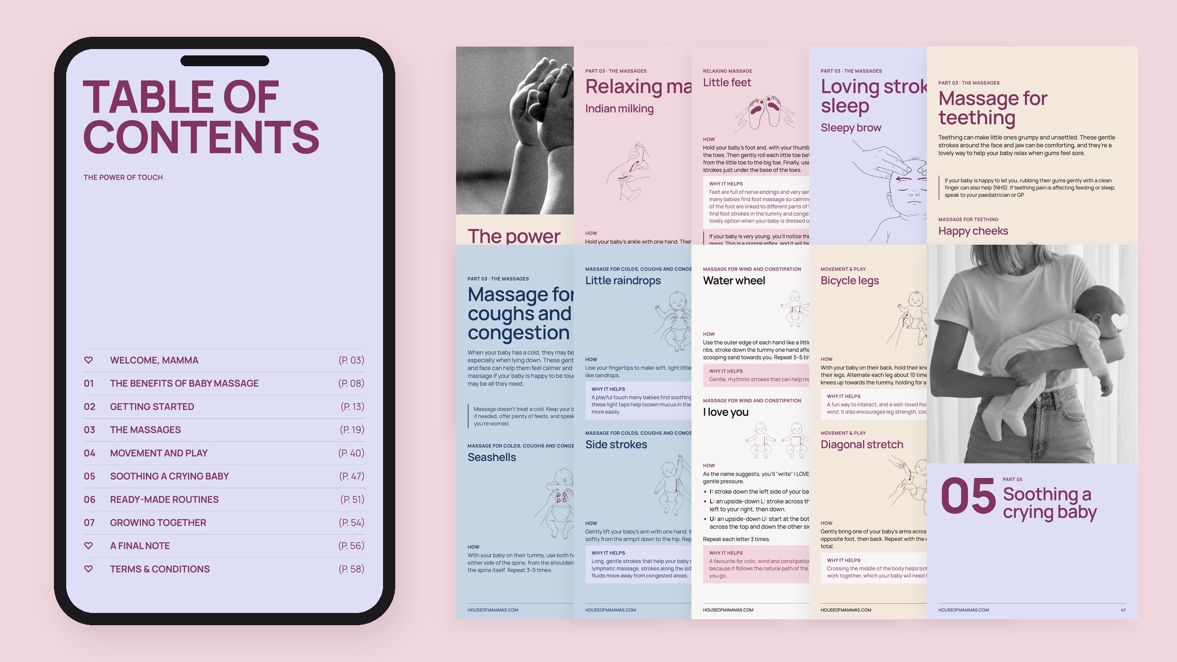 The Power of Touch: table of contents on a phone and pages from the guide