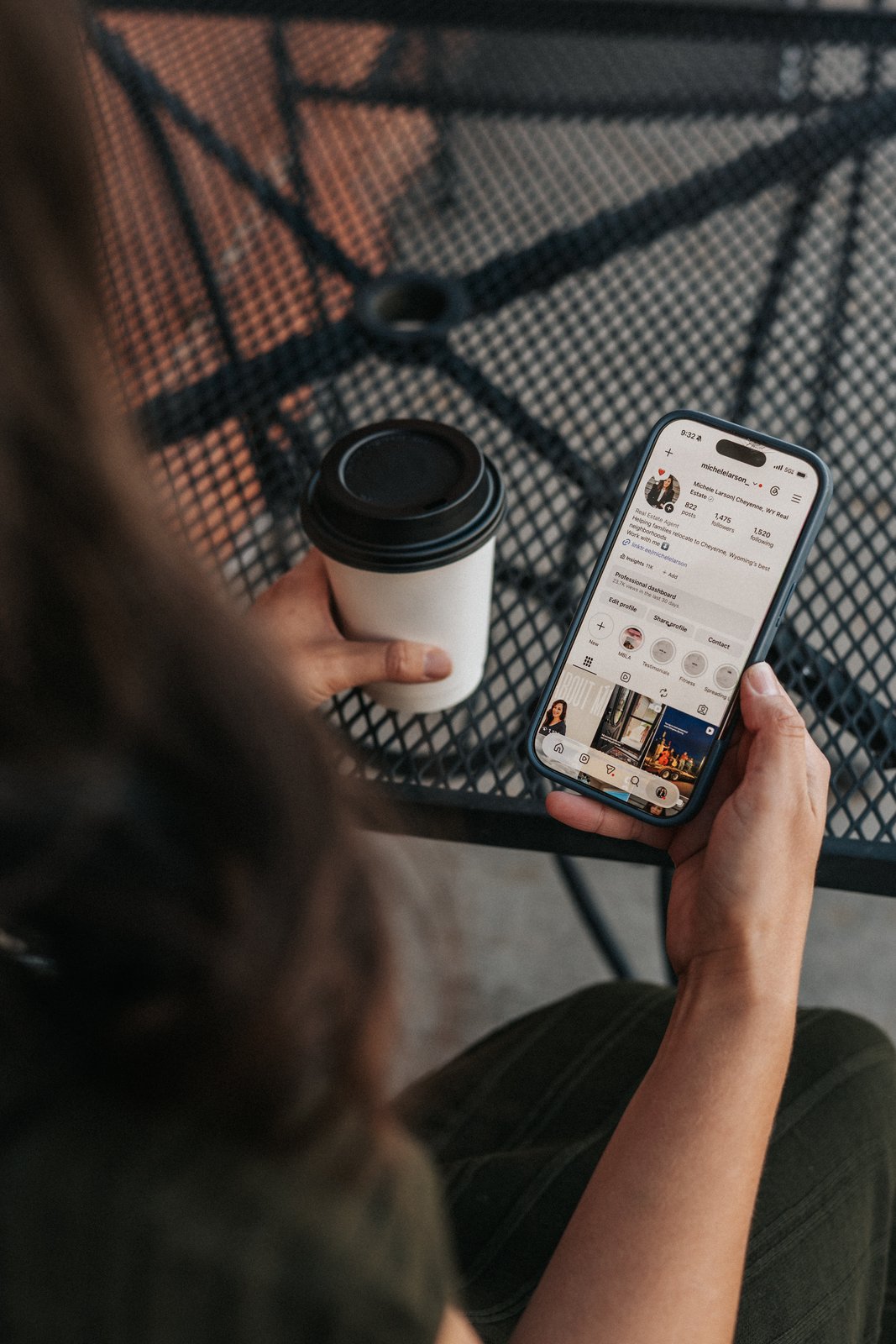 Coffee in hand, browsing Michele Larson's Instagram