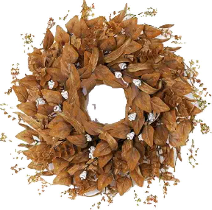 Fall wreath with warm caramel leaves and small white accents