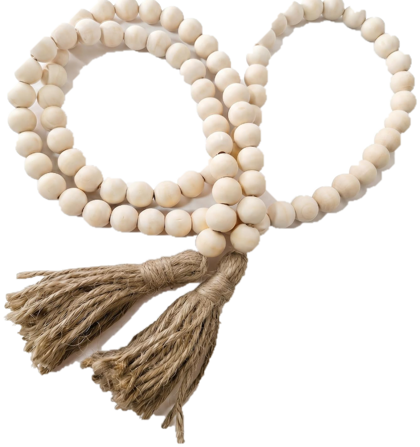 Natural wood bead garland with jute tassels