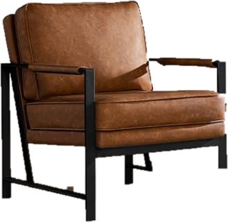 Cognac leather accent chair with a black metal frame
