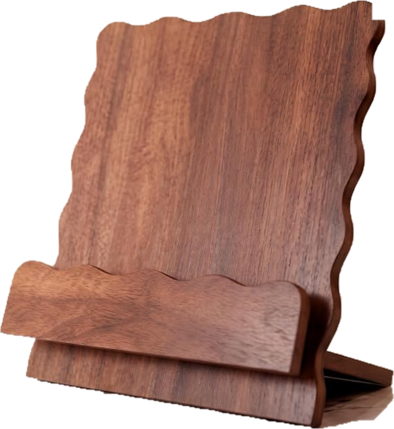 Wavy-edged walnut wood cookbook holder