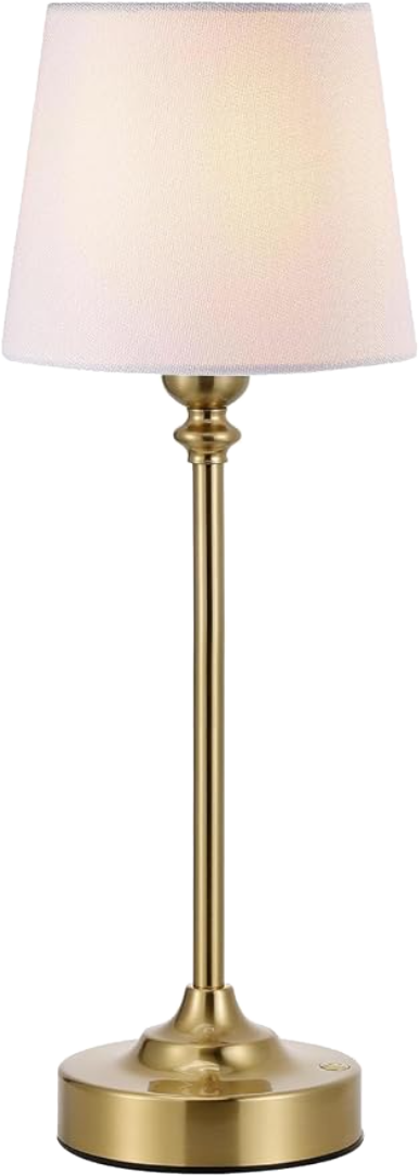 Brass rechargeable table lamp with a white linen shade