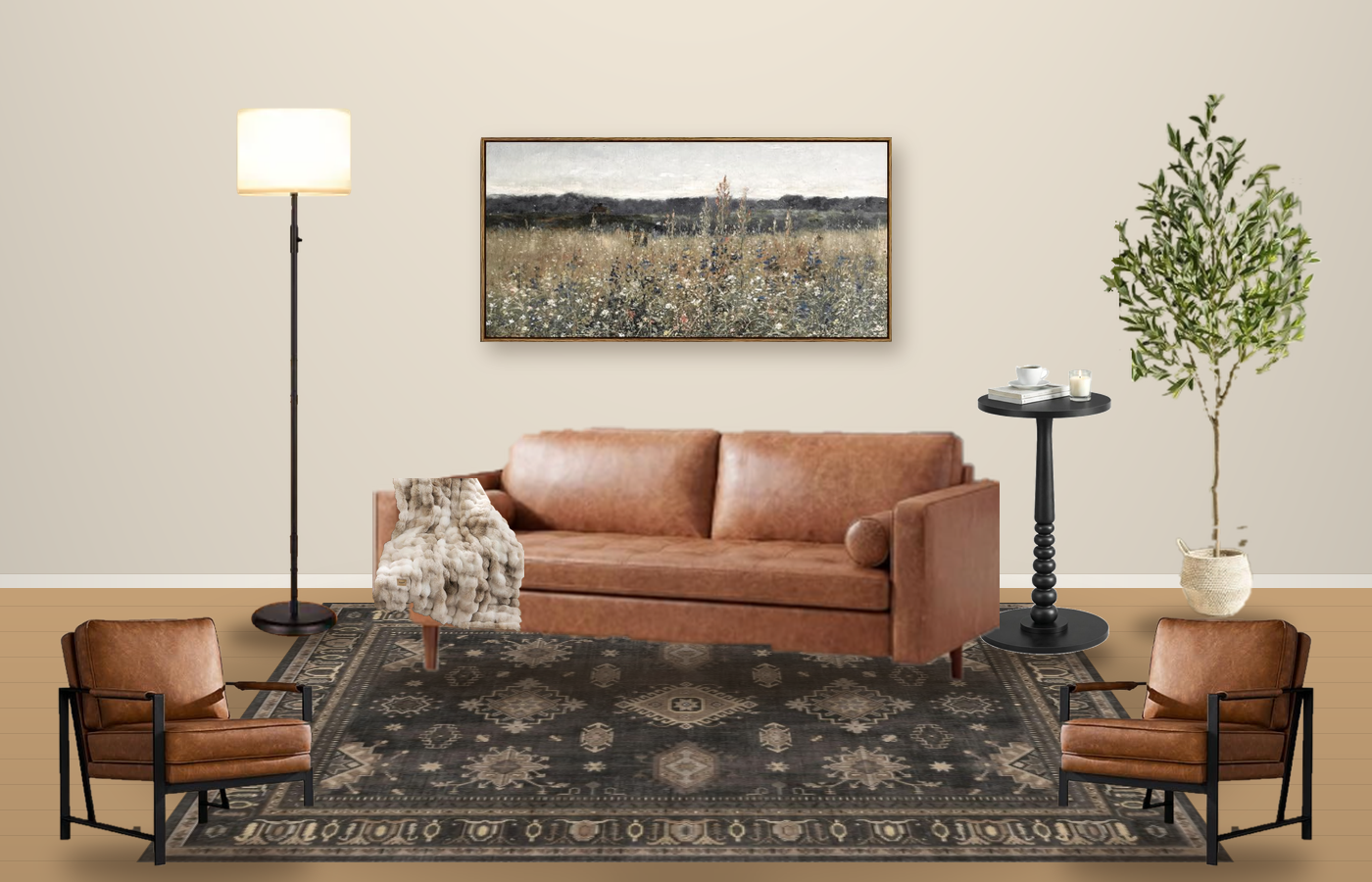 A staged living room styled with pieces from Michele Larson's Staging Starter Kit
